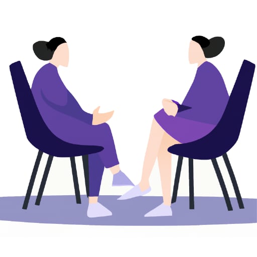 To mennesker sitter i stol overfor hverandre og snakker