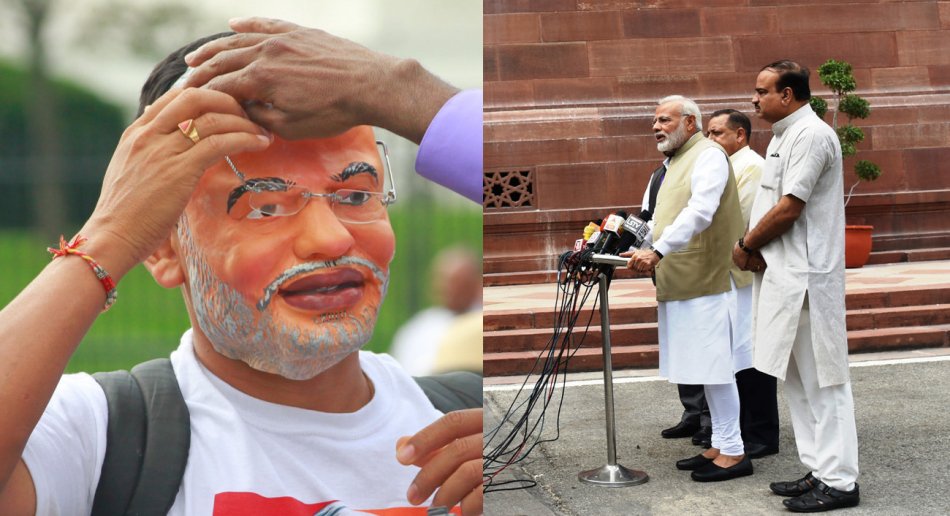 On the left, someone wears a mask of a bearded man.  On the right, a bearded man resembling the mask speaks to the press.