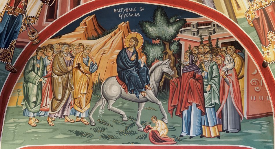 Jesus rir inn i Jerusalem. Freske i en ortodoks kirke i Makedonia. Av Petar Milošević